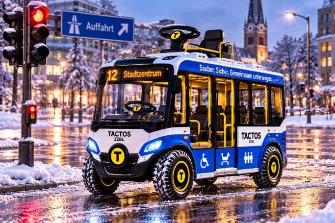 TACTOS-ZZBL – Öffentlicher Nahverkehr Weiß-blauer TACTOS-ZZBL-Bobby-Bus mit Sitz und Lenkrad auf dem Dach, an einer roten Ampel auf verschneiter Stadtstraße