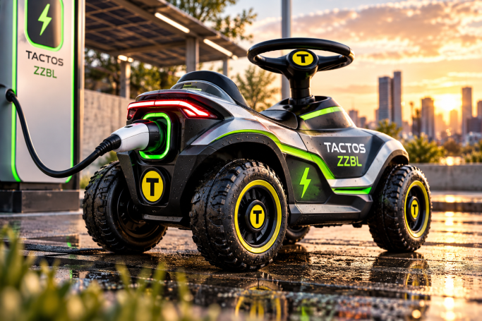 TACTOS-ZZBL – Elektromobilität Elektrisches TACTOS-ZZBL-Bobbycar an einer Ladestation, von hinten seitlich dargestelltTACTOS-ZZBL – Elektromobilität