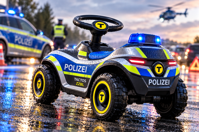 Polizei – Sicherheit bei Nässe TACTOS-ZZBL Polizei-Bobbycar mit Blaulicht auf regennasser Fahrbahn, aus der Heckperspektive