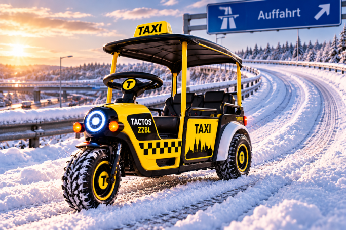 TACTOS-ZZBL – Taxi und urbane Mobilität Gelb-schwarzes dreirädriges TACTOS-ZZBL-Taxi-Bobbycar mit zwei Passagiersitzen hinten auf einer verschneiten Autobahnauffahrt