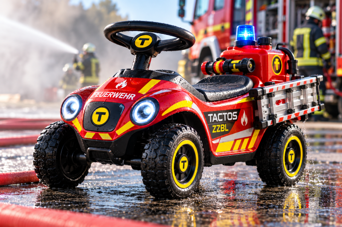 Feuerwehr und Rettungseinsätze Rotes TACTOS-ZZBL Feuerwehr-Bobbycar mit seitlicher Klappleiter und Wassertank hinten