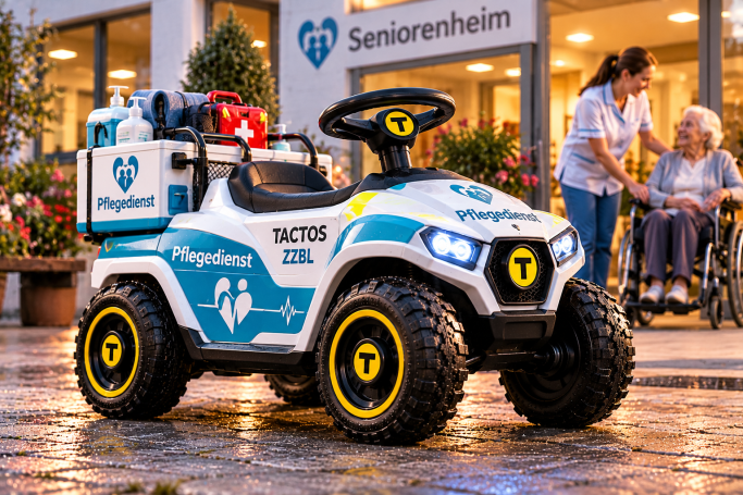 TACTOS-ZZBL – Pflegedienst Weiß-blaues TACTOS-Bobbycar mit vier Rädern, gelbem T-Emblem und Pflegeausrüstung vor einem Seniorenheim.