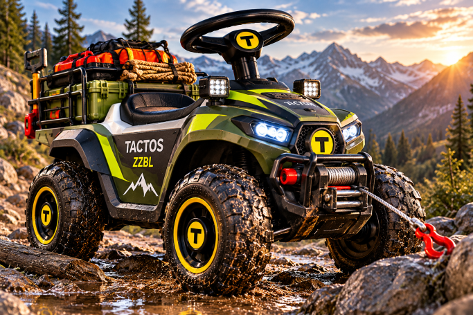 TACTOS-ZZBL – Outdoor und GeländeGeländegängiges TACTOS-Bobbycar mit vier Rädern, Frontseilwinde und Outdoor-Ausrüstung auf felsigem Untergr Geländegängiges TACTOS-Bobbycar mit vier Rädern, Frontseilwinde und Outdoor-Ausrüstung auf felsigem Untergrund