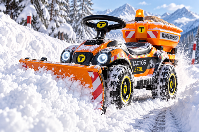 TACTOS-ZZBL – Winterdienst und Streufahrzeuge Orangefarbenes TACTOS-ZZBL-Bobbycar mit Schneepflug und Streuaufsatz im tiefen Schnee