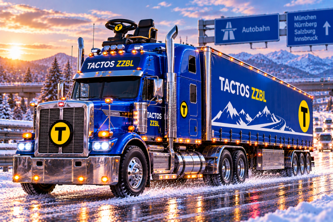 TACTOS-ZZBL – Schwerlastverkehr und Ferntransport Blauer amerikanischer TACTOS-ZZBL-Sattelzug mit langem Motorraum, großer Schlafkabine, Sattelauflieger und Bobbycar-Lenkrad auf dem Dach