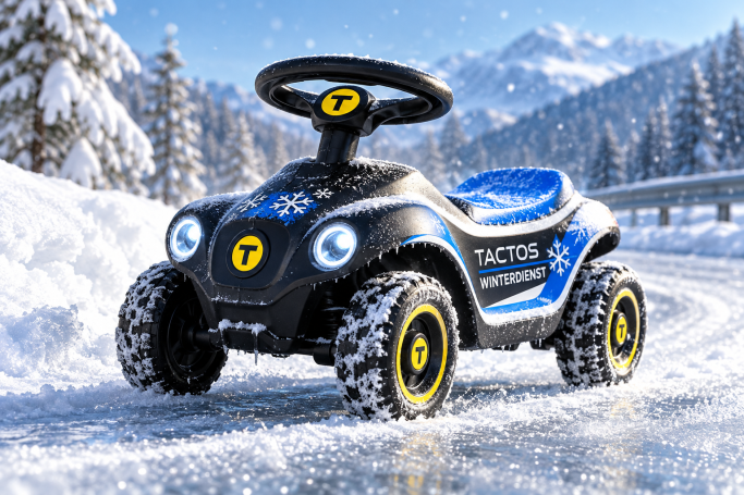 Wintermobilität TACTOS-ZZBL Winter-Bobbycar auf verschneiter und vereister Fahrbahn