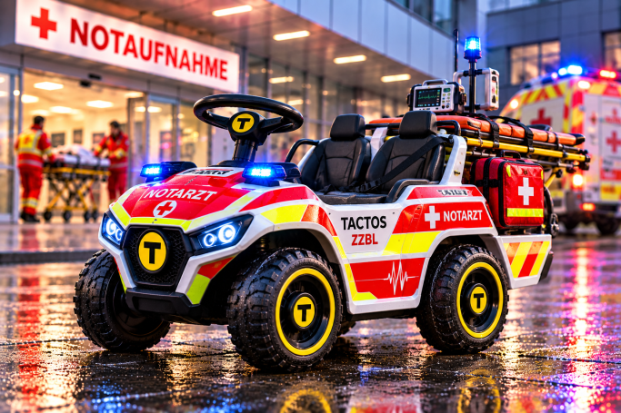 TACTOS-ZZBL – Rettungsdienst Vierrädriges TACTOS-Notarzt-Bobbycar mit zwei Sitzen, einer Patientenliege im Heck und Blaulicht.